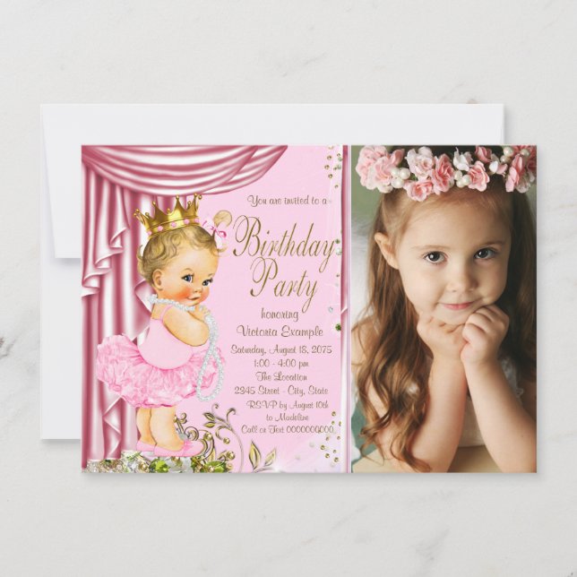 Invitation Princesse Tutu Pearl rose et or fête d'anniversair (Devant)