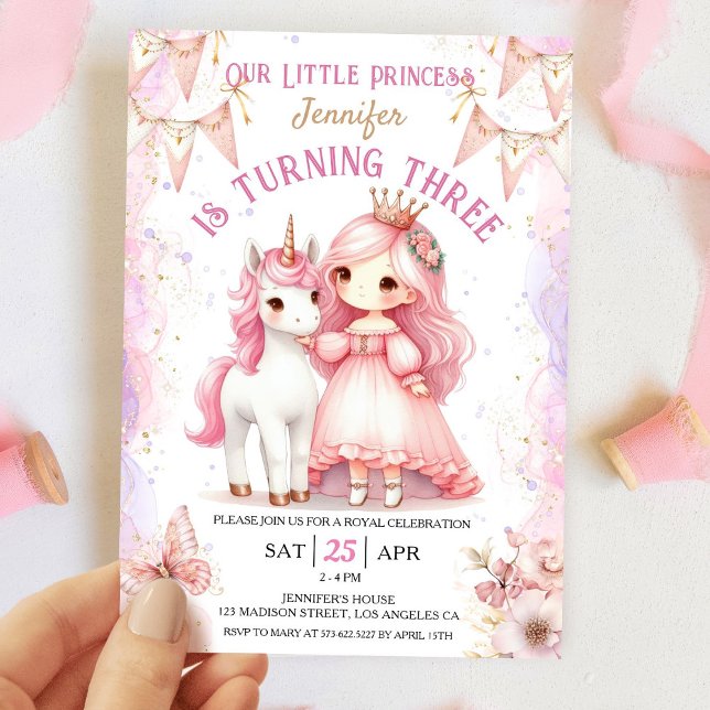 Invitation Princesse Unicorn 3e anniversaire fille rose (Créateur téléchargé)