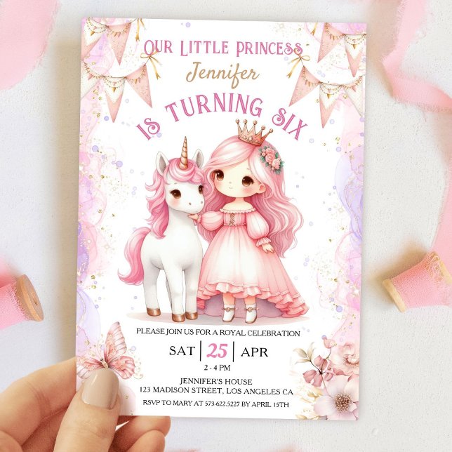 Invitation Princesse Unicorn 6e anniversaire Girl Pink Invita (Créateur téléchargé)