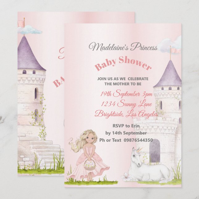 Invitation Princesse Unicorn rose bébé fille Douche (Devant / Derrière)