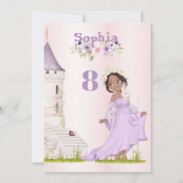 Invitation Princesse Unicorne cheveux foncé pourpre âge Anniv (Dos)