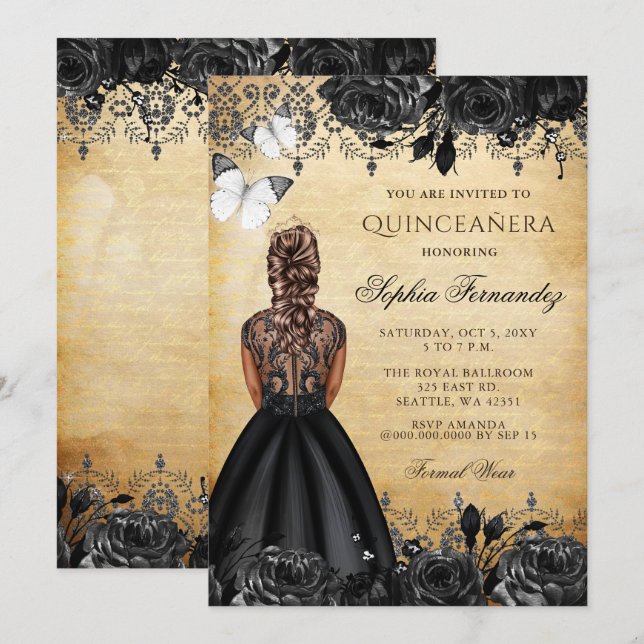 Invitation Princesse vintage Papillon noir Quinceañera (Devant / Derrière)