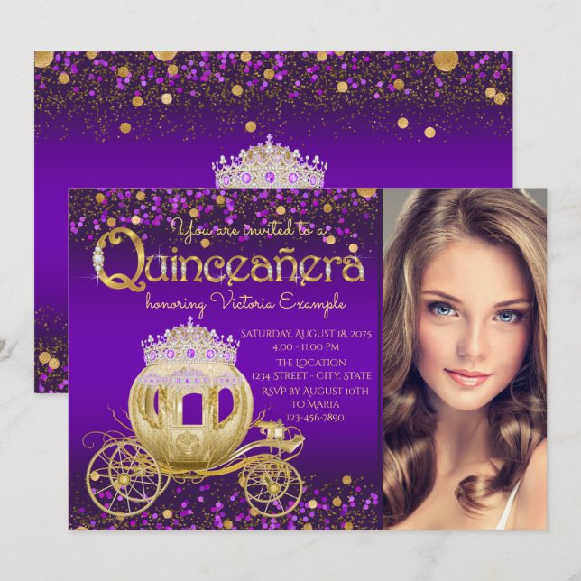 Invitation Princesse violette et or Photo Quinceanera (Devant / Derrière)