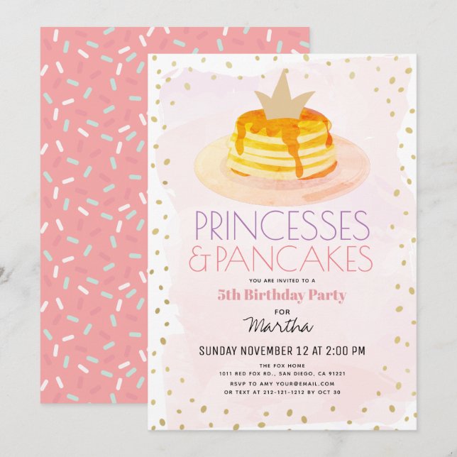 Invitation Princesses & Pancakes Pink Gold Girl Anniversaire (Devant / Derrière)
