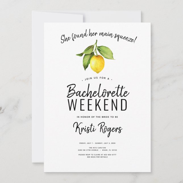 Invitation Principal Squeeze Lemon Bachelorette Week-end Itin (Devant)