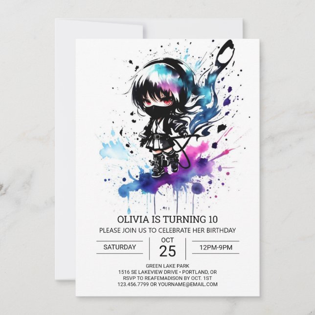 Invitation Printable Chic Ninja fille anniversaire (Devant)