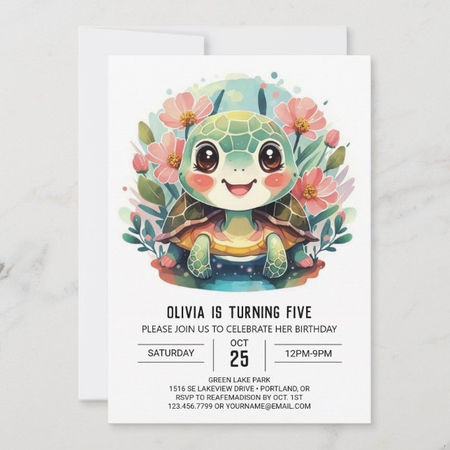 Invitation Printable Fun Turtle Girl Anniversaire (Devant)