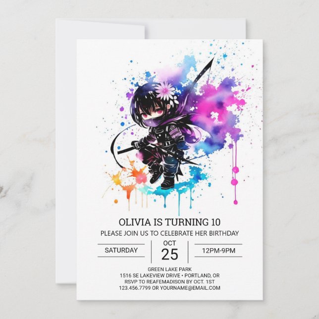 Invitation Printable moderne Ninja fille Anniversaire (Devant)
