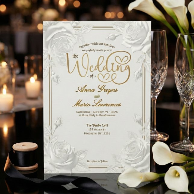 Invitation Printed Embossed White Rose Faux Gold Wedding  (Créateur téléchargé)