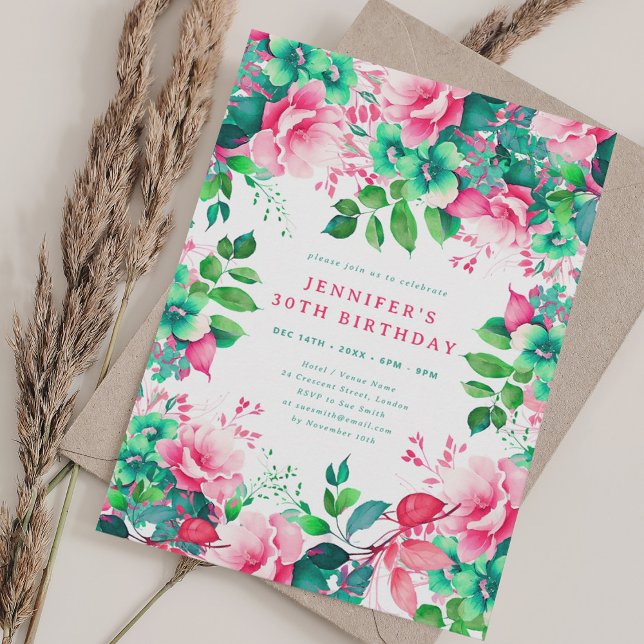 Invitation Printemps Eté Aquarelle Florale 30e Anniversaire (Spring Summer Watercolor Floral 30th Birthday Invitation)