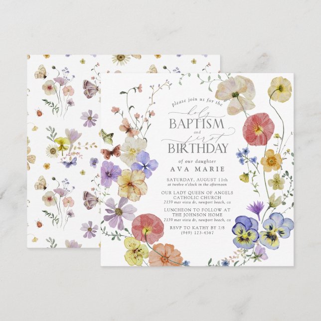 Invitation Printemps Été Fleur sauvage Baptême 1er anniversai (Devant / Derrière)
