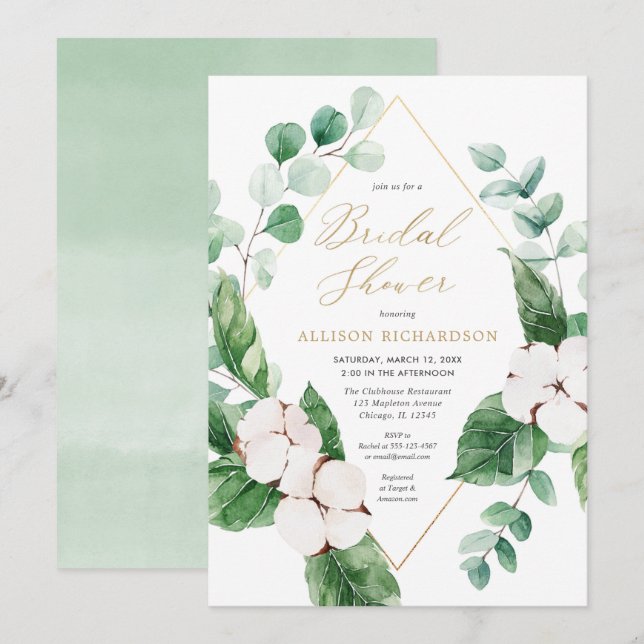 Invitation Printemps floral blanc vert or élégant marié (Devant / Derrière)