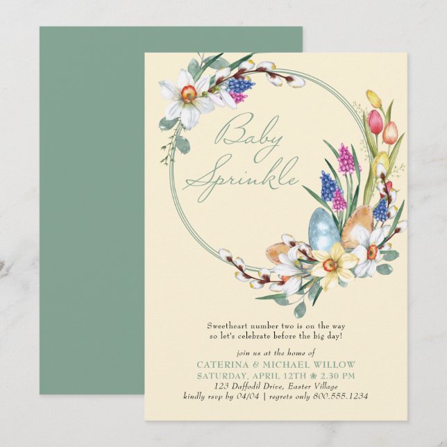 Invitation Printemps Floral Wreath Pâques Thème Bébé Sprinky (Devant / Derrière)
