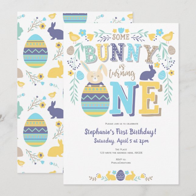Invitation Printemps, garçon, 1er anniversaire, Pâques, Bunny (Devant / Derrière)