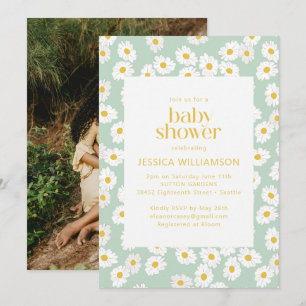 Invitation Printemps Pastel Sage Green Daisies Baby shower Ph
