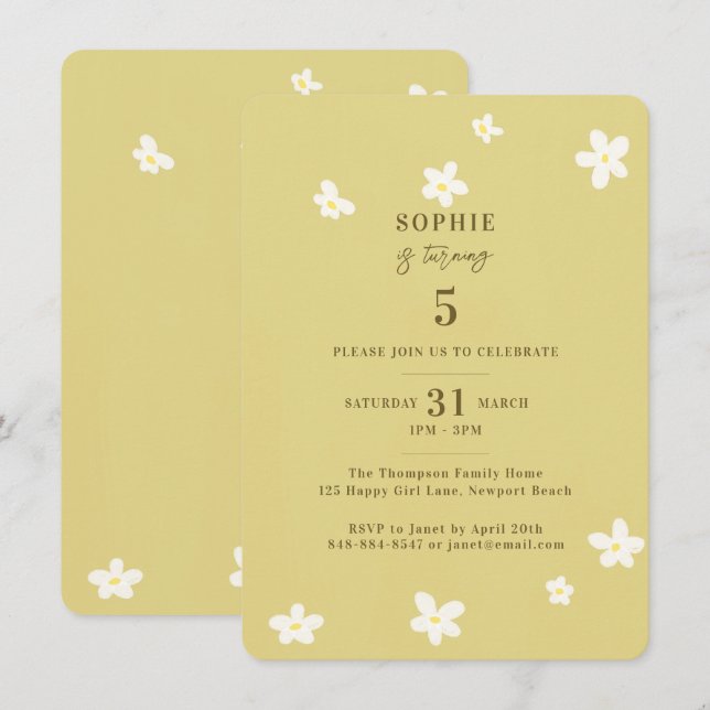 Invitation Printemps Vert Blanc Daisies Fille fête d'annivers (Devant / Derrière)