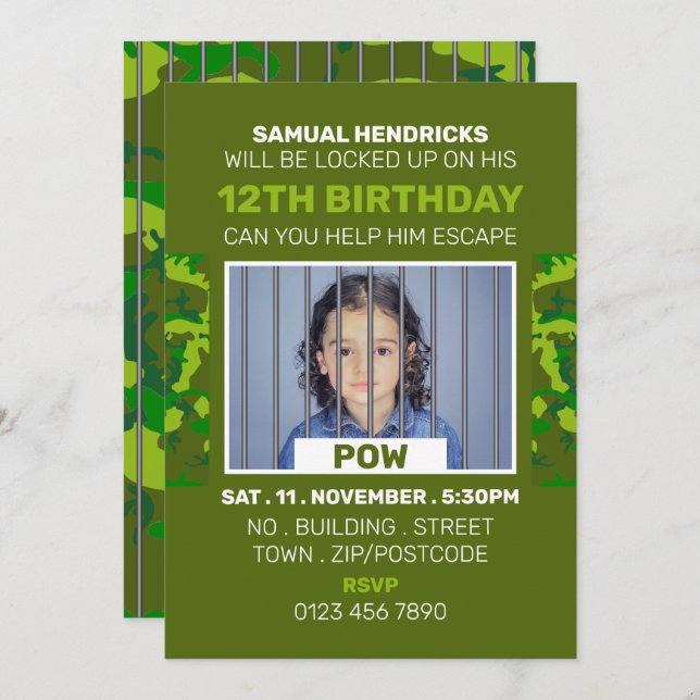 Invitation Prisonnier de guerre Salle d'évasion à thème, fête (Devant / Derrière)
