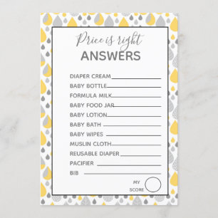 Invitation Prix des bons jeux Baby shower gris/jaune