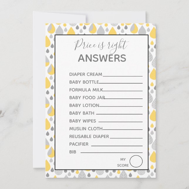 Invitation Prix juste jeux Baby shower gris/jaune (Devant)