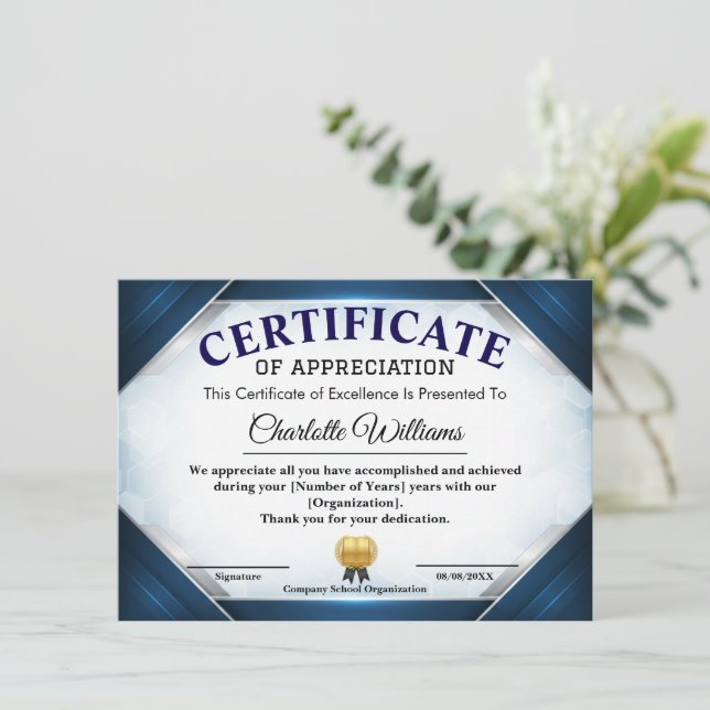 Invitation Professional Blue Appreciation Certificate (Debout devant)