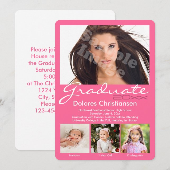 Invitation Progression de l'âge Photo rose Moderne Graduation (Devant / Derrière)
