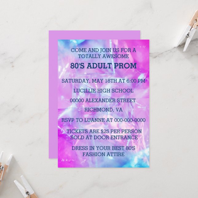 Invitation Prom adulte des années 80 (Devant/Arrière en situation)