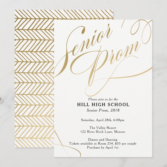Invitation Prom Invitation, Gold Script Prom Senior (Devant / Derrière)