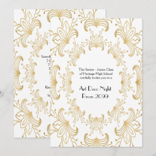 Invitation Prom Senior, Art Déco, Fleurs stylisées, or blanc