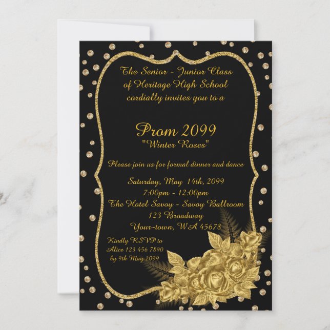 Invitation Prom Senior-Junior, confetti, or noir des années 1 (Devant)