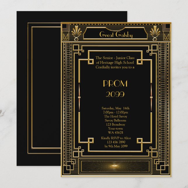 Invitation Prom Senior Junior, Great Gatsby, Gold, noir (Devant / Derrière)