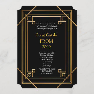 Invitation Prom Senior Junior, Great Gatsby, Gold, noir