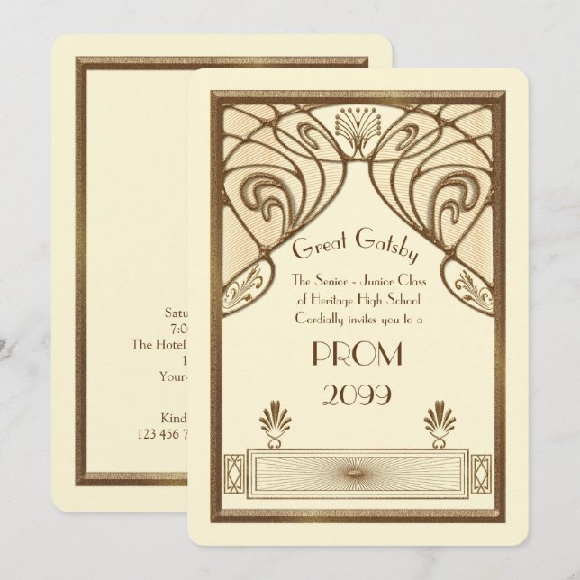 Invitation Prom Senior Junior, Great Gatsby, or, ivoire (Devant / Derrière)