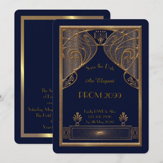 Invitation Prom Senior Junior, Navy, Gold Geometry, Art Déco (Devant / Derrière)