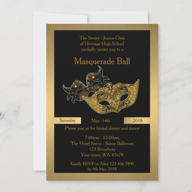 Invitation Prom Senior Junior, noir, masque à ballon masqué (Devant)