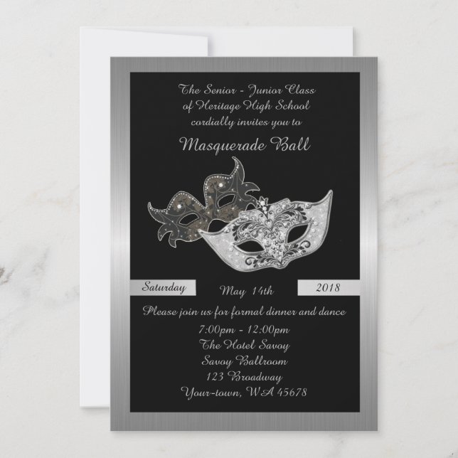Invitation Prom Senior Junior, noir, masque masqué (Devant)