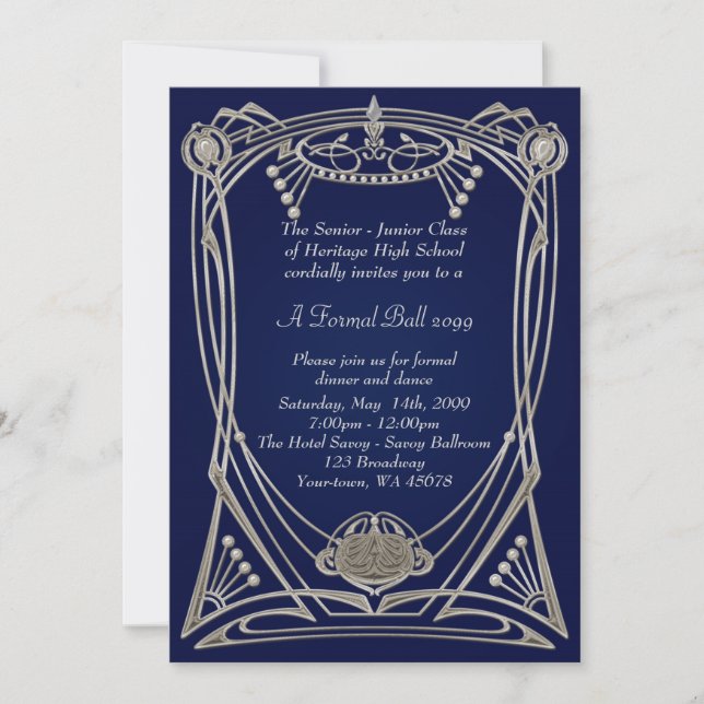 Invitation Prom senior junior, style Gatsby, art déco, marine (Devant)