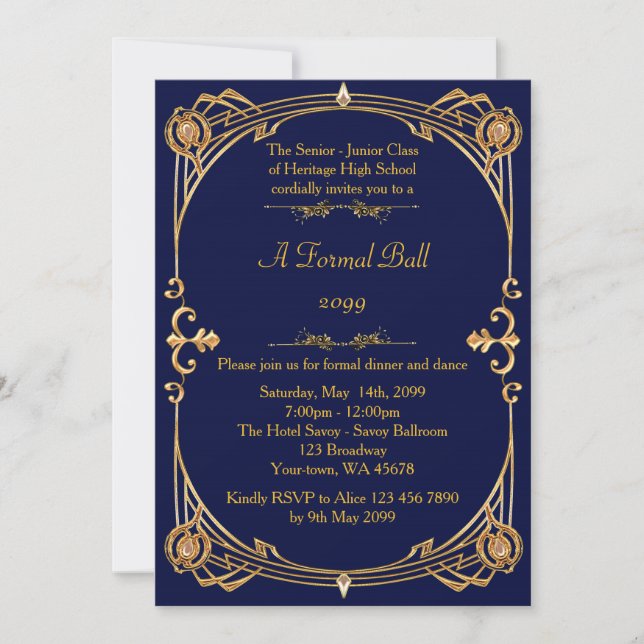 Invitation Prom senior junior, style Gatsby, art déco, marine (Devant)