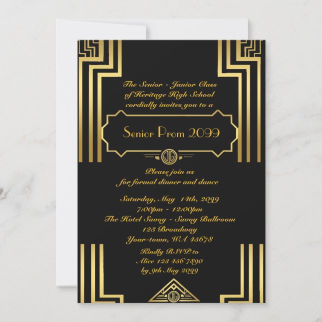 Invitation Prom senior junior, style Gatsby, art déco, noir (Devant)