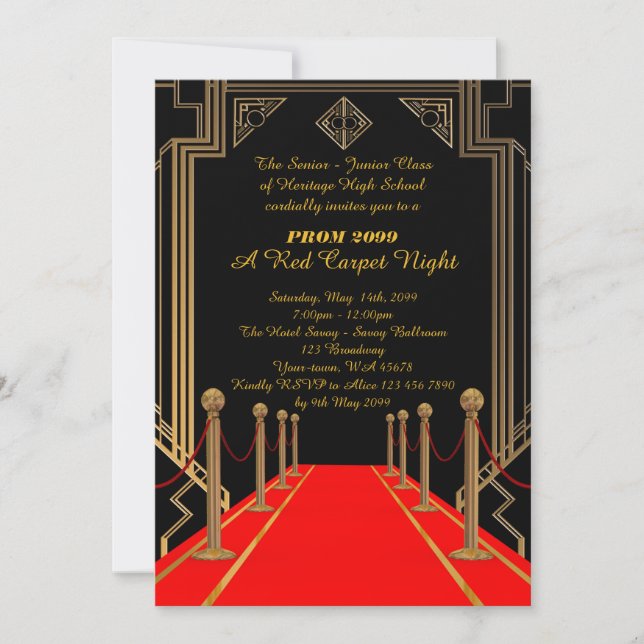 Invitation Prom Senior Junior, style Gatsby, nuit sur tapis r (Devant)
