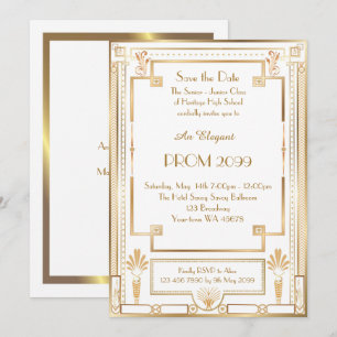 Invitation Prom Senior Junior, White Gold Geometry, Art Déco