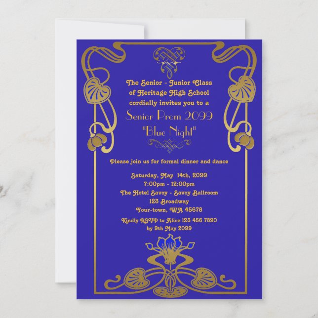 Invitation Prom senior, style Gatsby, bleu & or, monogramme (Devant)