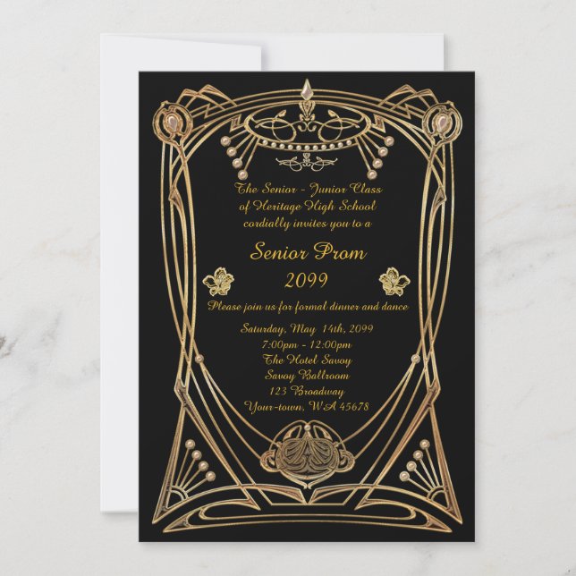 Invitation Prom senior, style Gatsby, noir & or, monogramme (Devant)