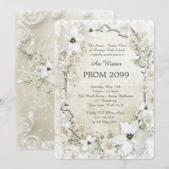 Invitation Prom Winter Senior Junior, blanc, argent, chic (Devant / Derrière)