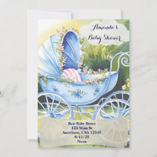 Invitation Promenade de bébé bleue vintage dans le jardin en