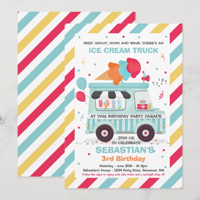 Invitation Promenade De Fête D'Anniversaire De Crème De Glace (Devant / Derrière)