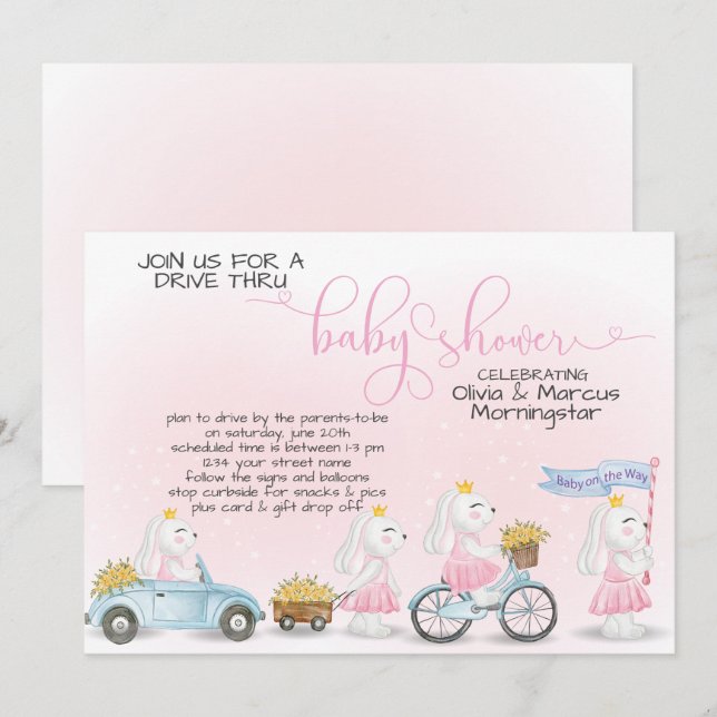 Invitation Promenade de lapin rose à travers le Baby shower (Devant / Derrière)