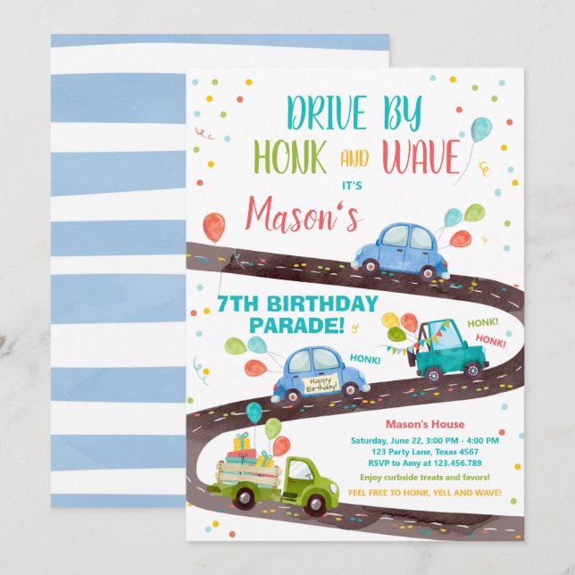 Invitation Promenade par Anniversaire Parade Party Blue Drive (Devant / Derrière)