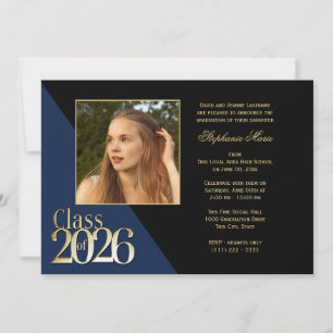 Invitation Promotion 2026 Or Diplômé Bleu foncé avec Photo