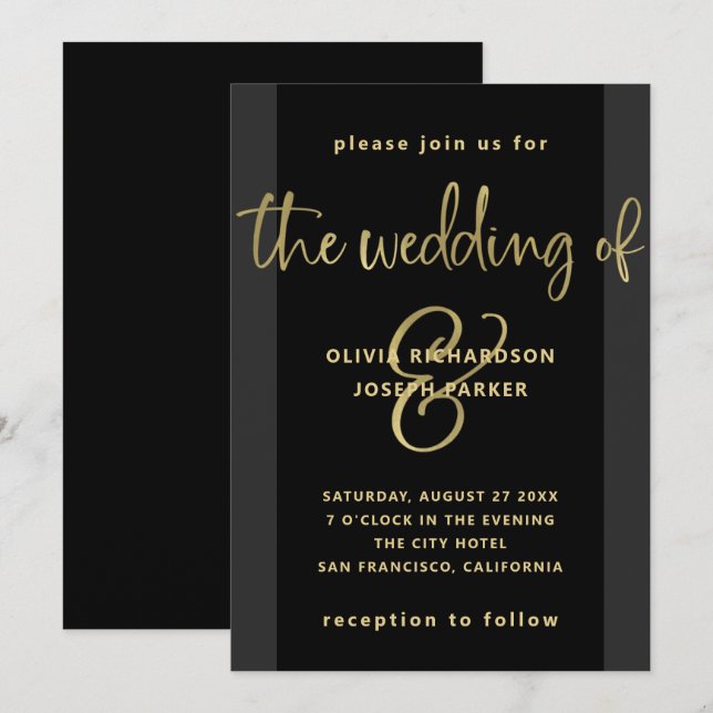 Invitation Proposition moderne| Mariage noir et or (Devant / Derrière)