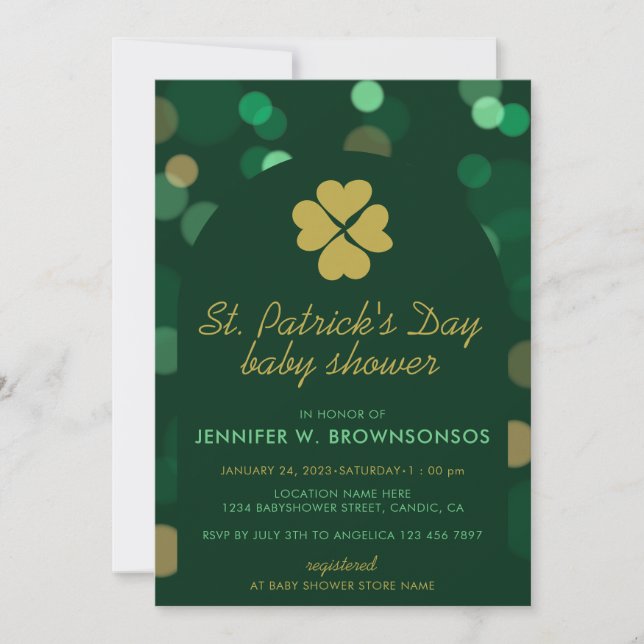 Invitation Propre Vert Simple Bokeh Saint-Patrick (Devant)